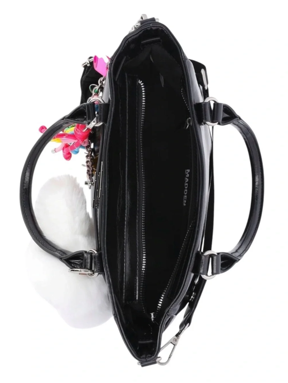 B04 Black Women's Patent Top Handle Black Satchel Bag with White Plush Charm NWT